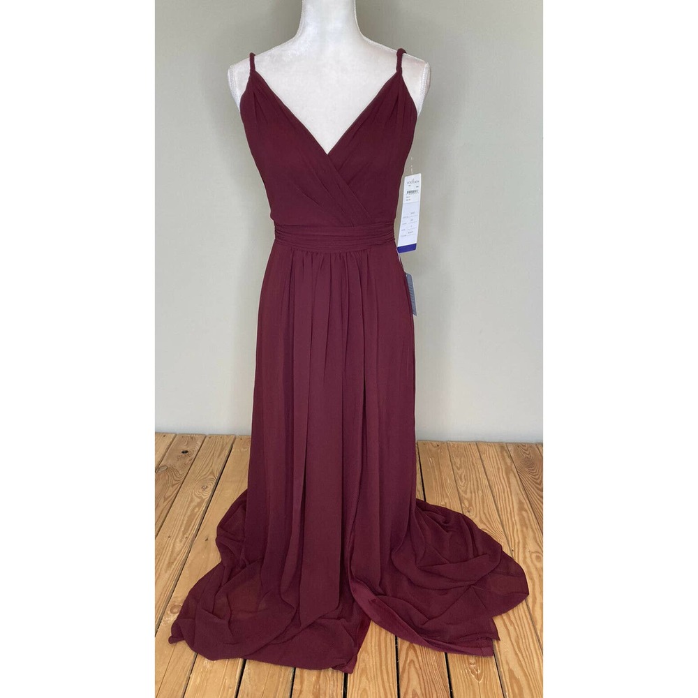 NWT #LEVKOFF Red Wine V Neck Chiffon Gown Size 2